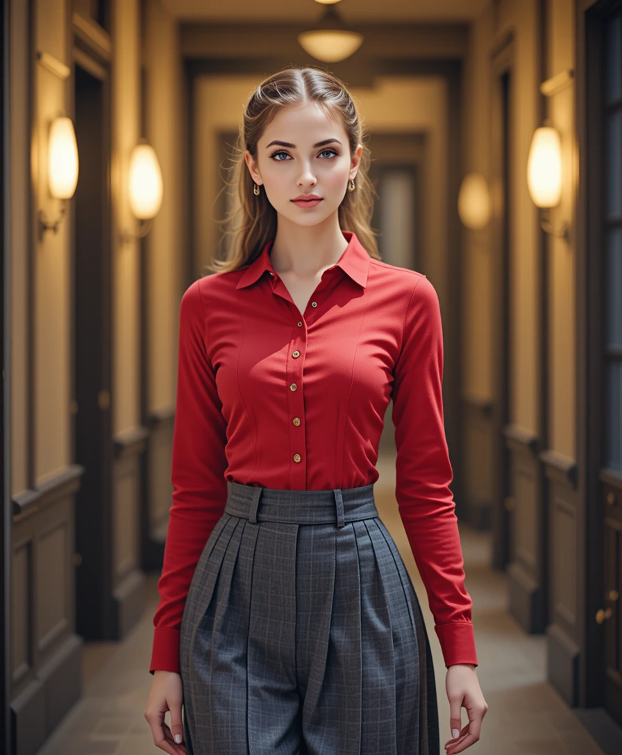 Young blonde woman walking in a warm indoor hallway