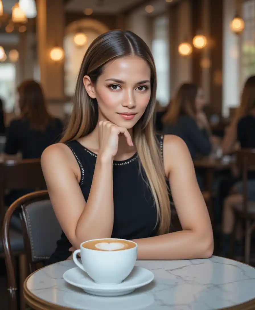 Donna bionda in abito nero seduta a un tavolino di caffè accogliente
