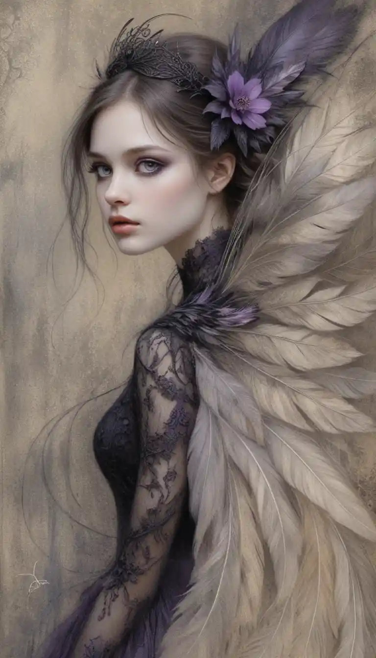 Dark fairy portrait with feathered wings and lace dress