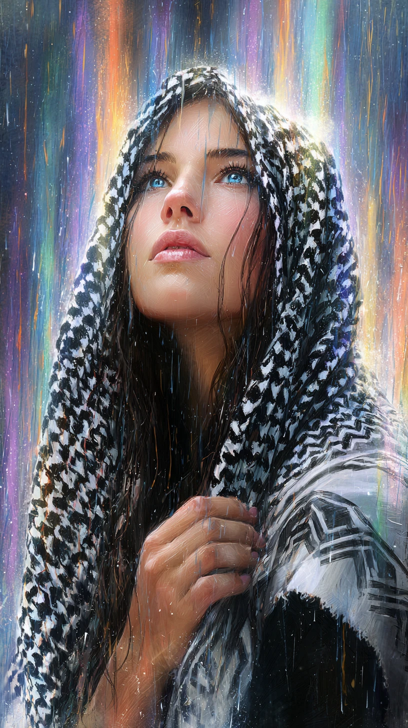 Young woman in keffiyeh looking up through glowing rain