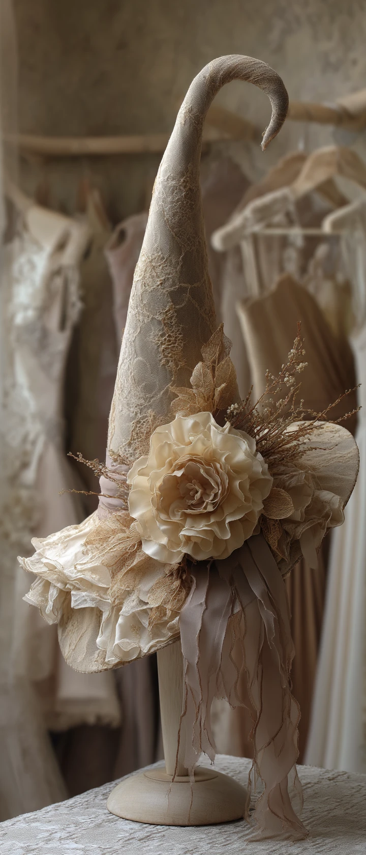 Close up of ornate witch hat in vintage lace boutique