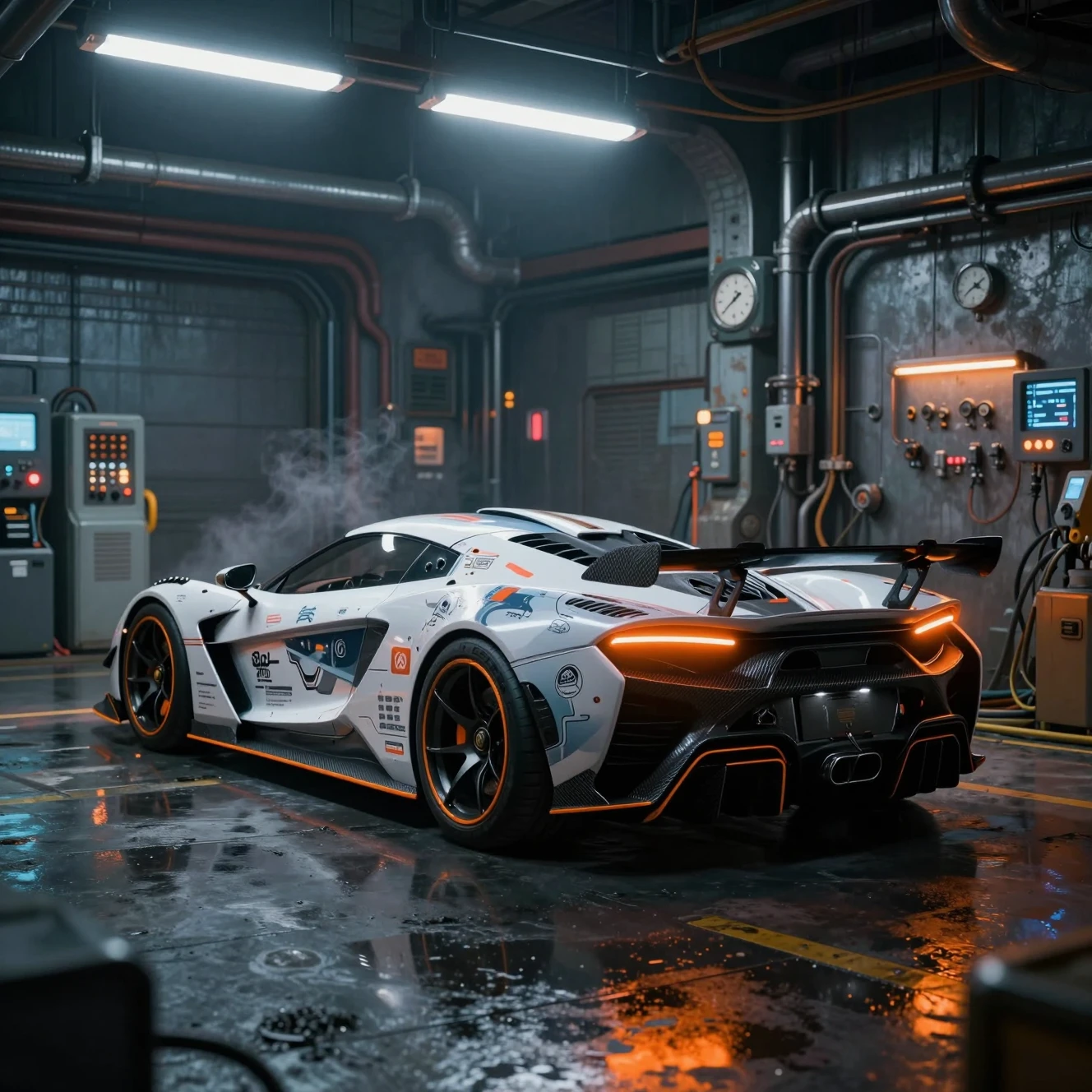 Futuristic supercar in a neon lit industrial garage