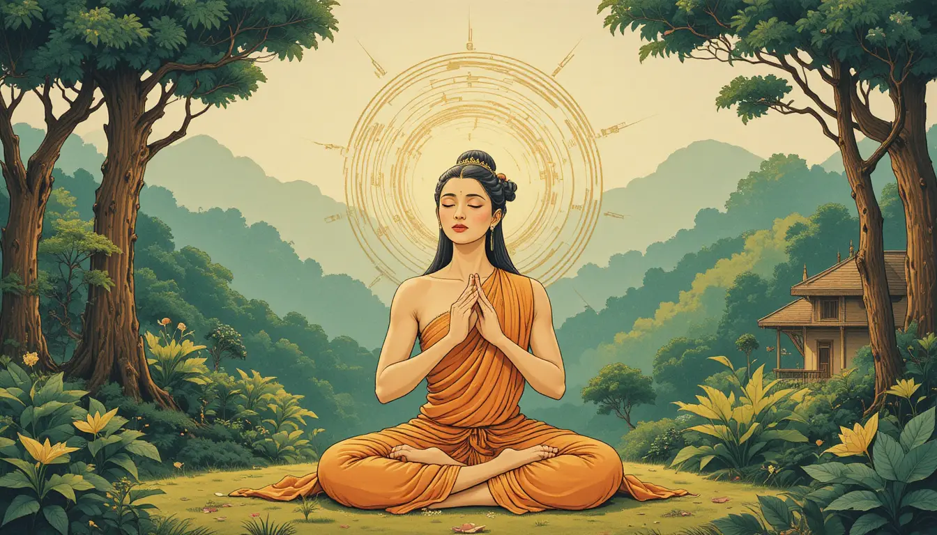 Meditierender Yogi, der in einer friedlichen Wald-Ashram-Szene chantet