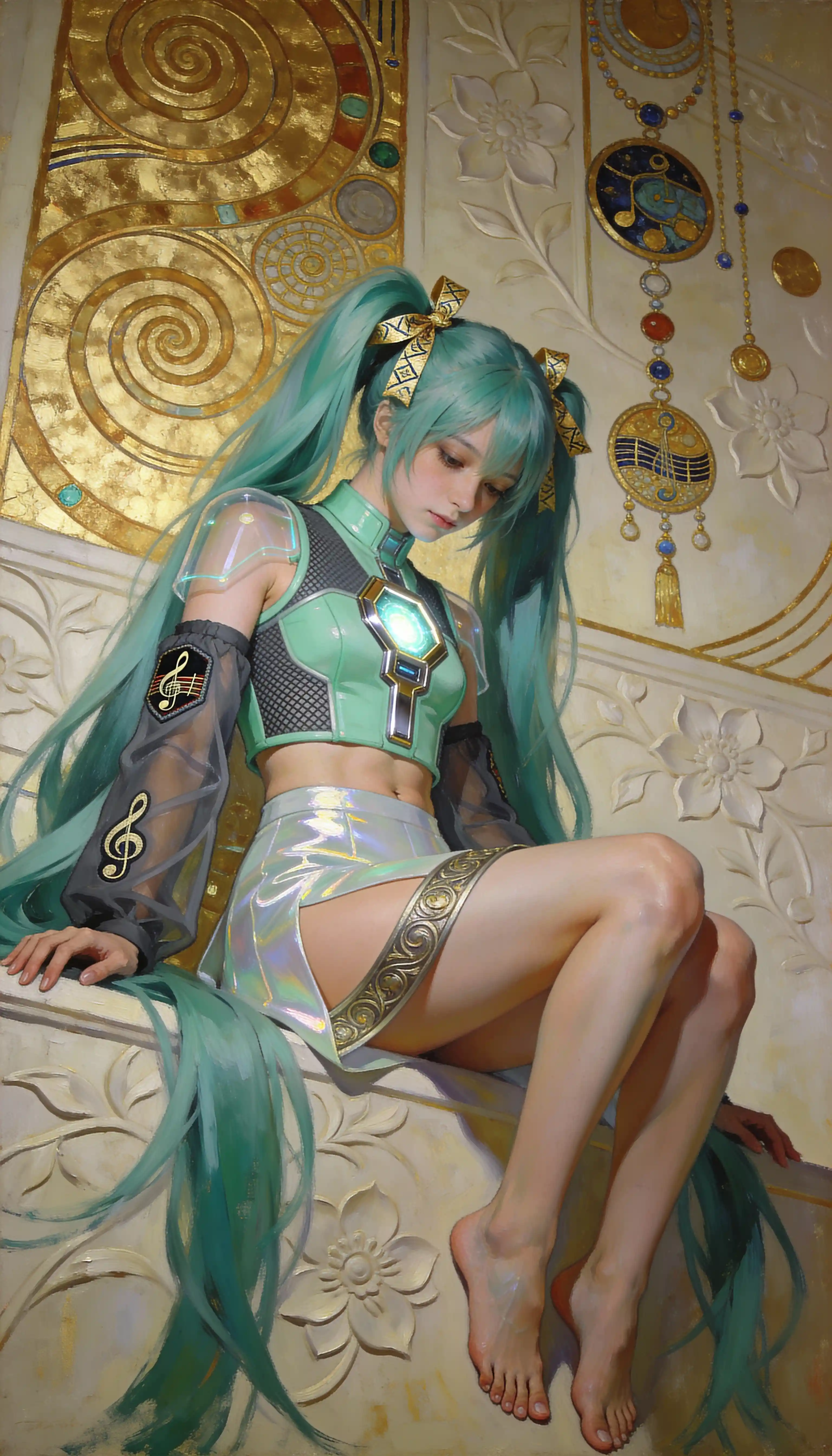 Serene anime girl seated against ornate golden background