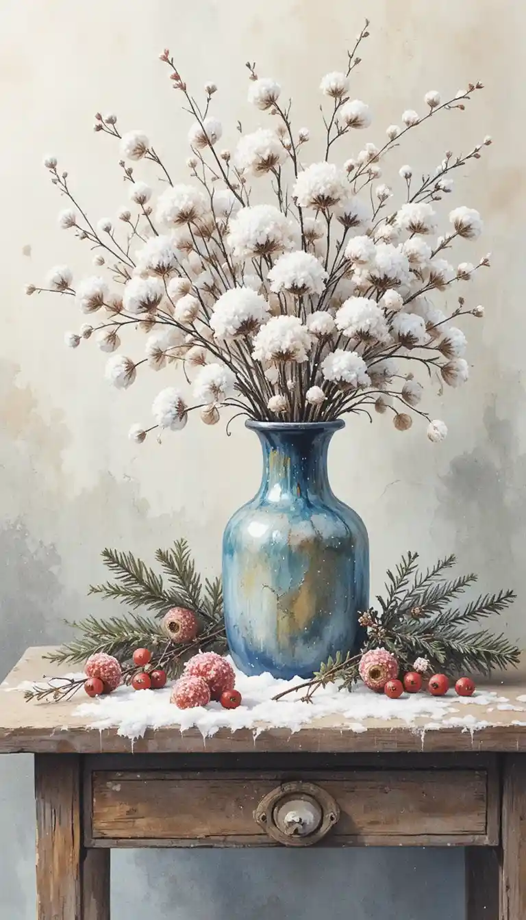 Gemütliches winterliches Stillleben mit blauer Flasche und getrockneten Pflanzen