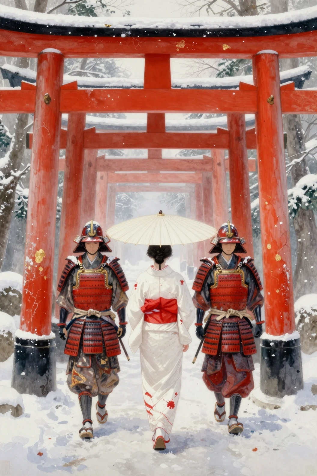 Corridoio di torii innevato con donna e samurai