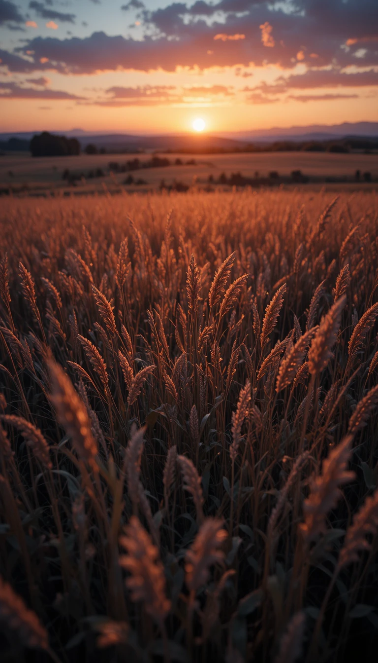 Campo cinematográfico de hierba alta al crepúsculo luminoso