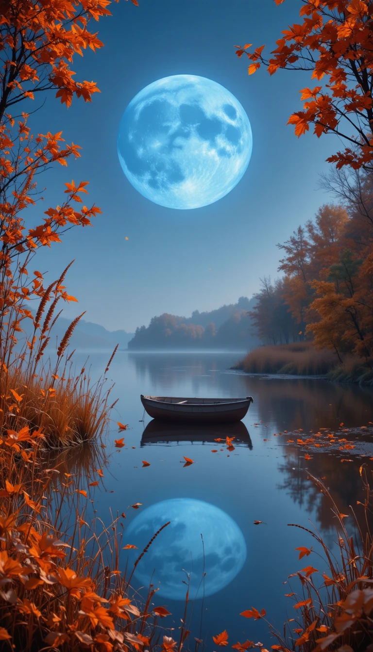 Calmo lago autunnale con barca a remi sotto la luminosa luna del raccolto