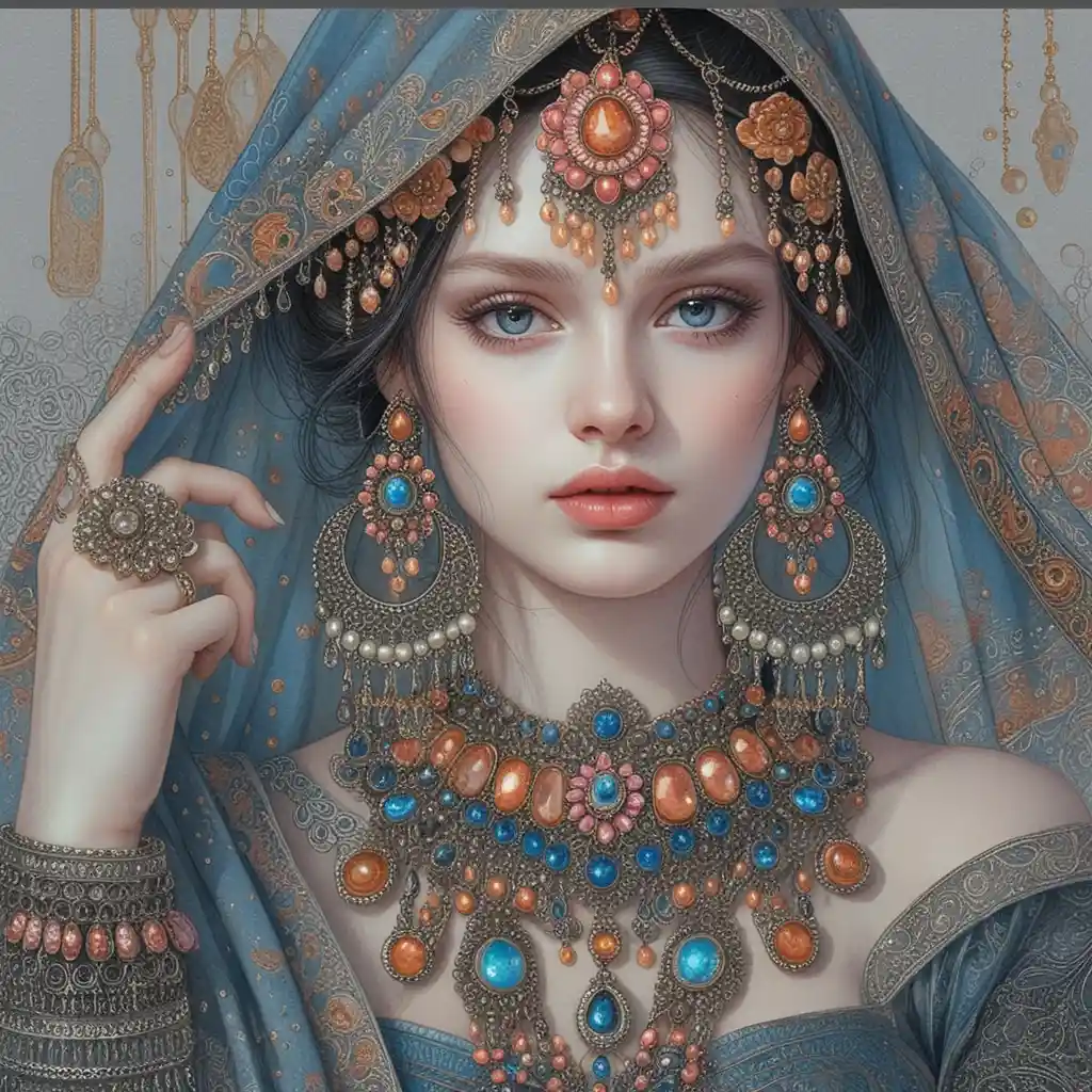 Mystical veiled girl portrait with ornate jeweled headscarf