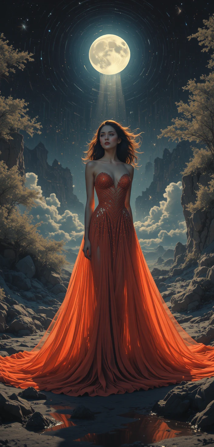 Dramatic wide shot of a woman under the moonlight