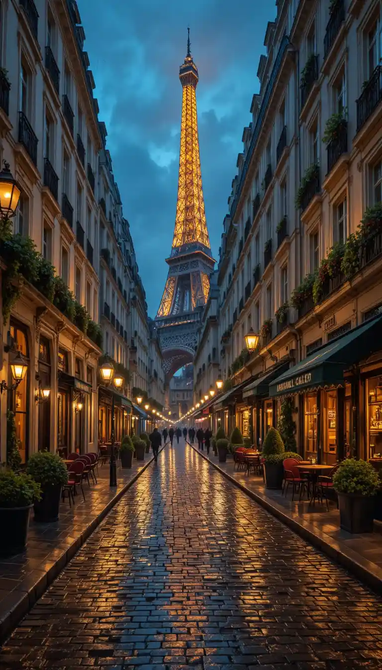 Cinematic Paris boulevard at dusk with glowing streetlights