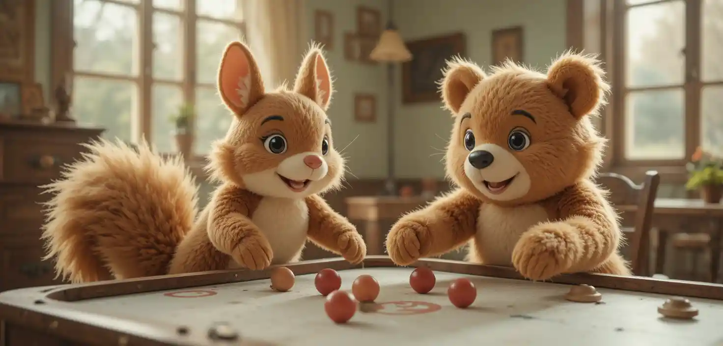 Plüsch-Eichhörnchen und Bär spielen Tischhockey in sonnigem Zimmer