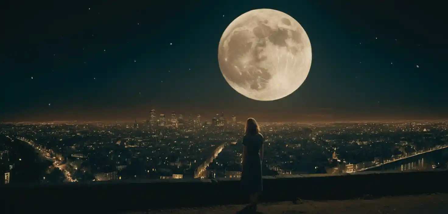 Cinematic close up of a woman under a dramatic night moon
