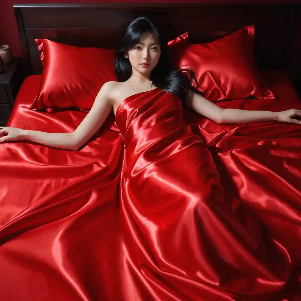 Beautiful Japanese woman lying on red satin bed sheets