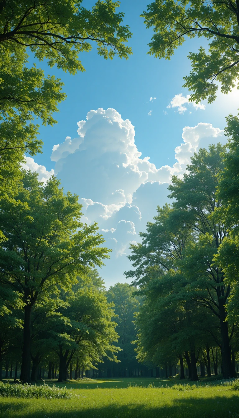 Peaceful Green Forest Under Soft Sunlight And Blue Sky