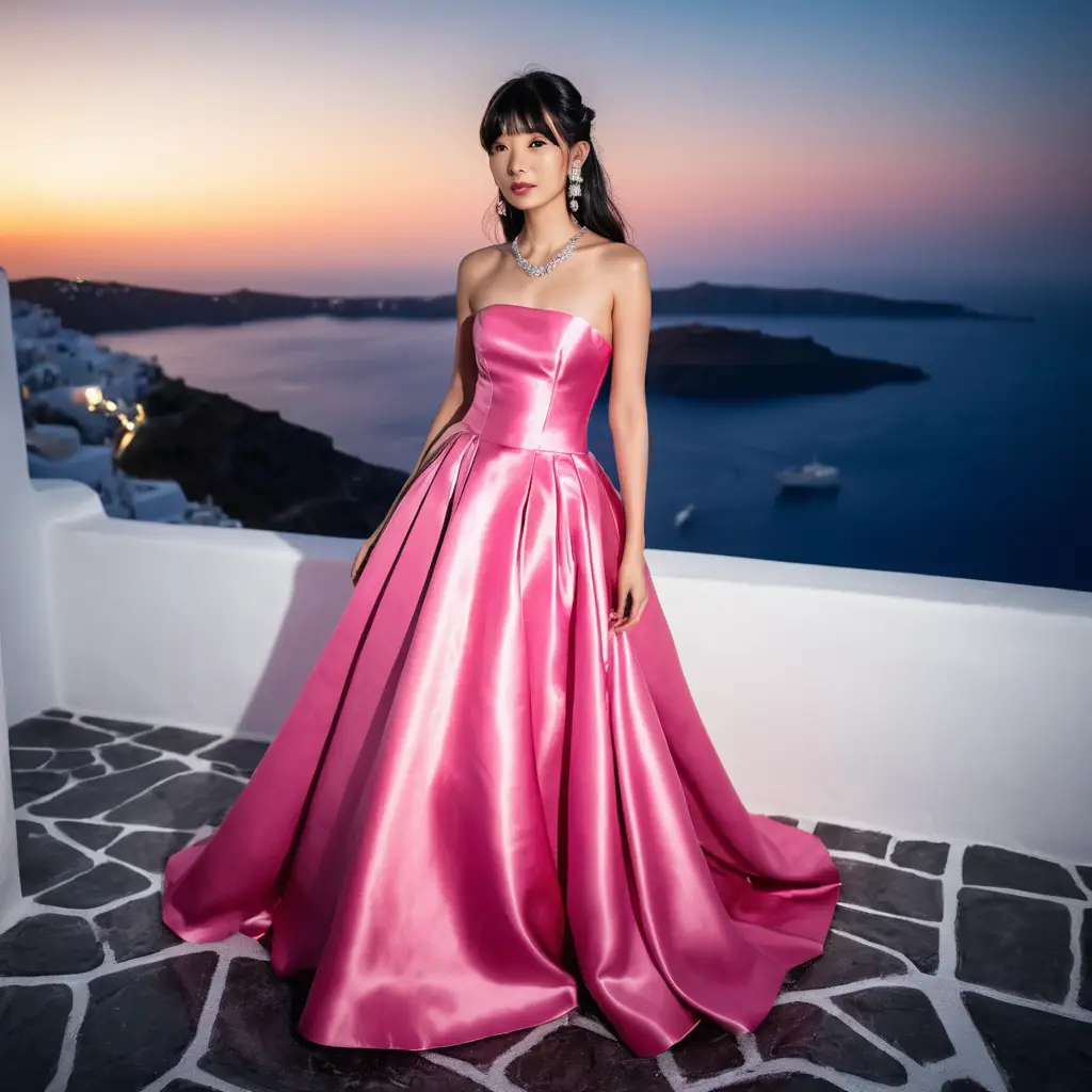 Elegante mujer japonesa con vestido de satén rosa por la noche en Santorini