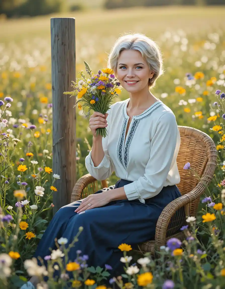 Ältere Frau riecht an Wildblumen in einer sonnigen Wiese