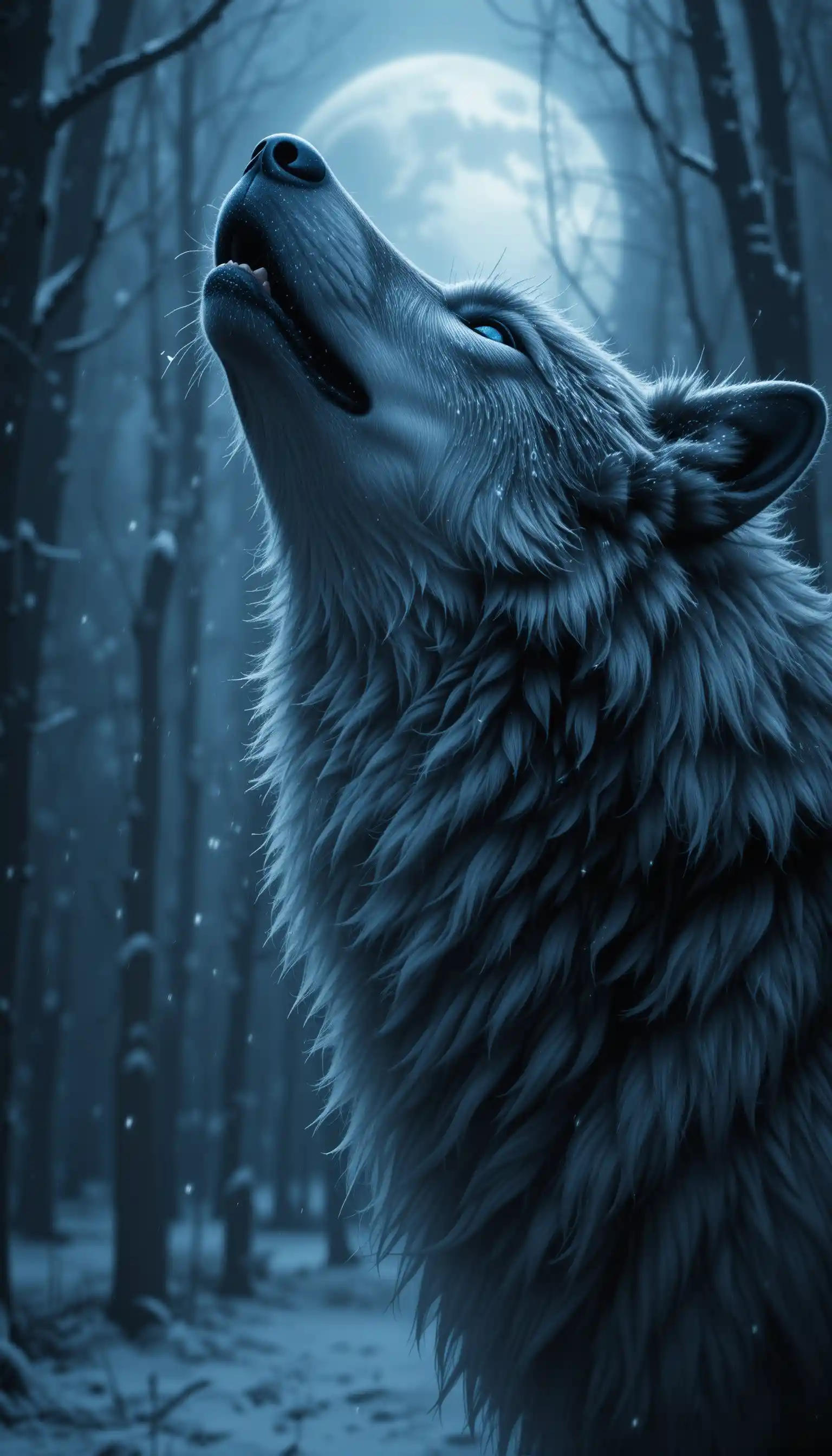 Nahaufnahme eines heulenden Wolfs in einem dunklen Winterwald