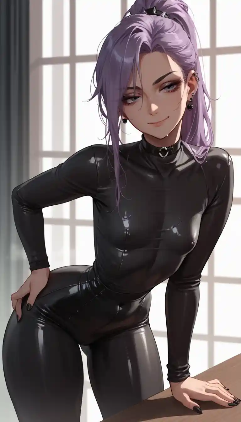 Anime girl in black bodysuit with long purple ponytail