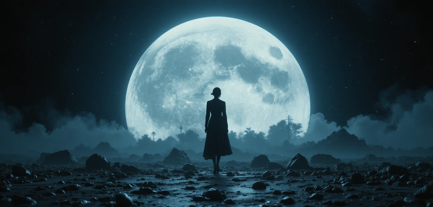 Close dramático de uma mulher sob um céu claro de luar