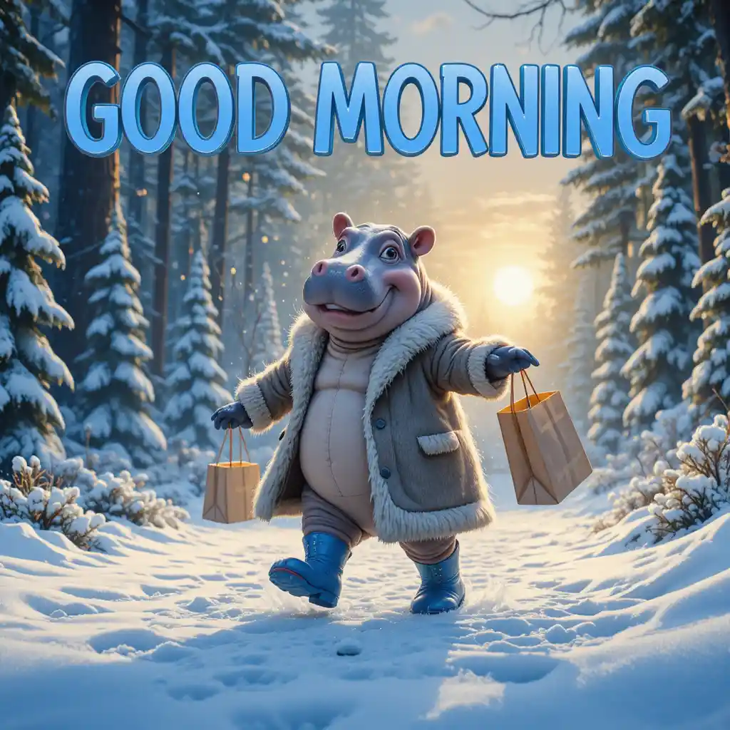 Cute hippo in winter clothes dancing through snowy forest
