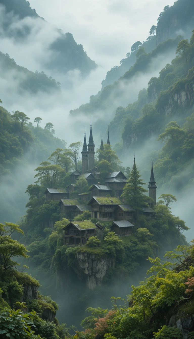 Pueblo surreal que se fusiona con valle brumoso y formas de la naturaleza