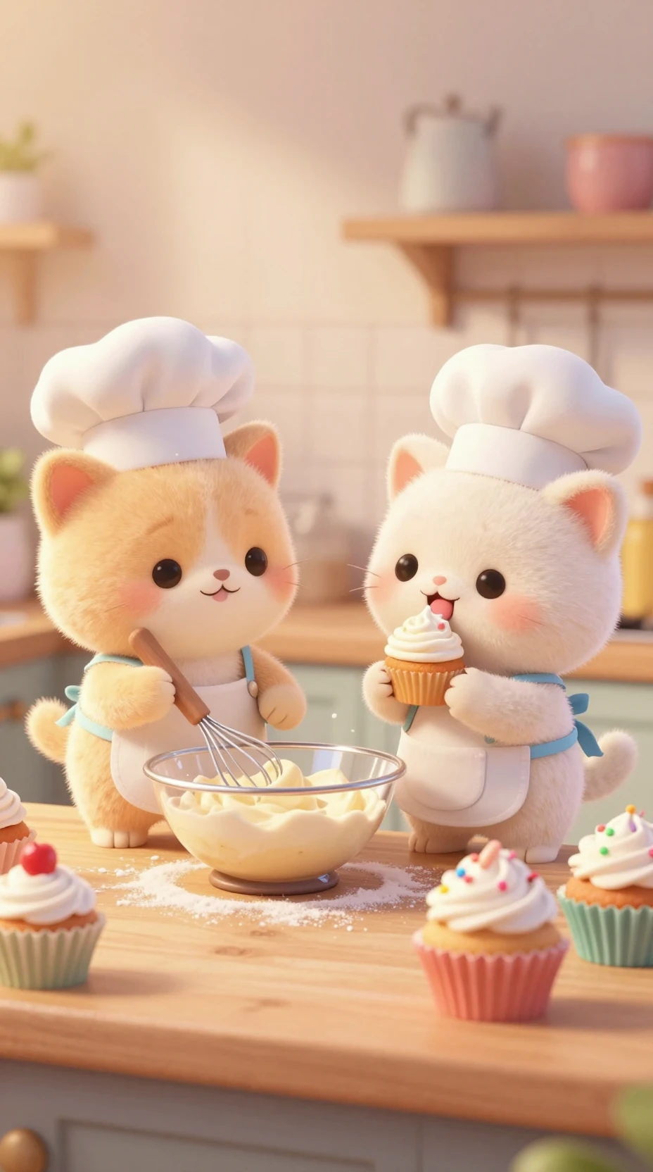 Tiernos gatitos horneando cupcakes sobre una acogedora encimera de madera