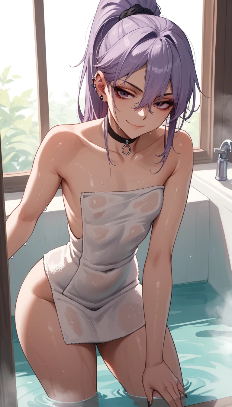 Chica de anime en un baño lleno de vapor con una toalla de baño