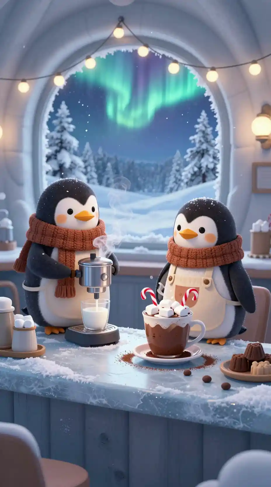 Zwei niedliche Pinguine betreiben ein gemütliches Iglu-Café