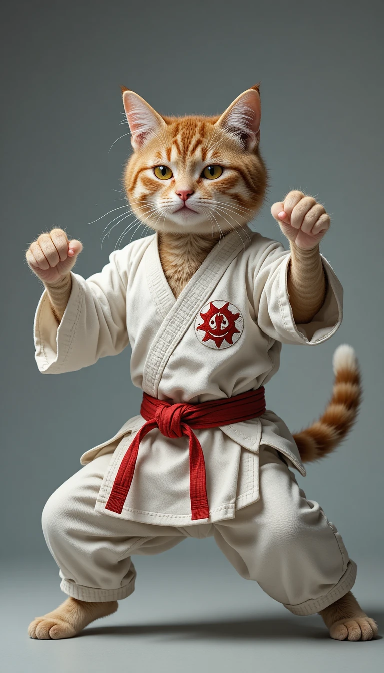 Gato de kárate con kimono en una feroz postura de combate