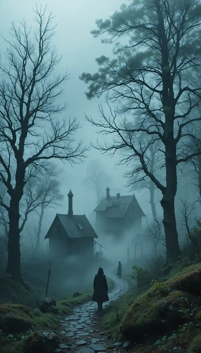 Misty village where human forms merge with the landscape