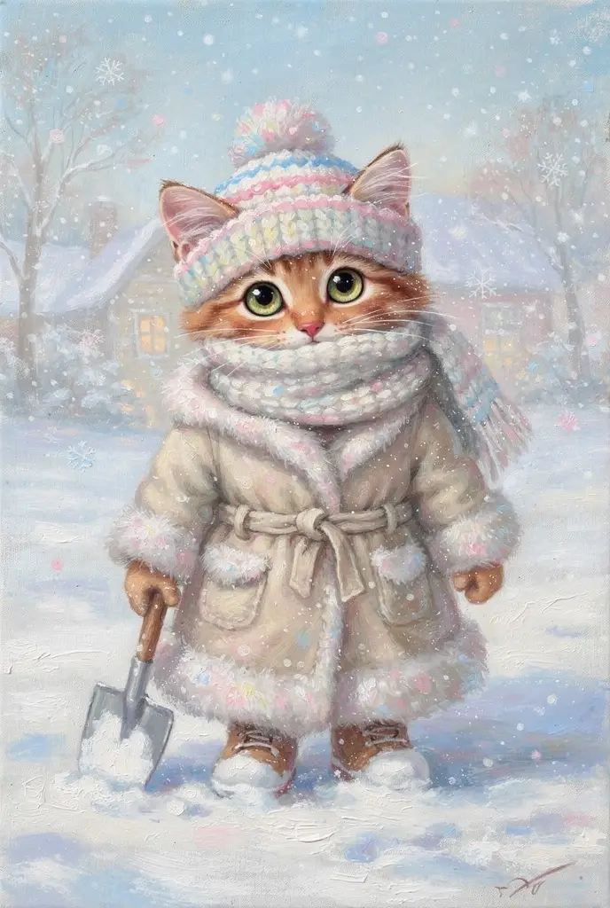 Cute kitten in winter coat with shovel in the snow