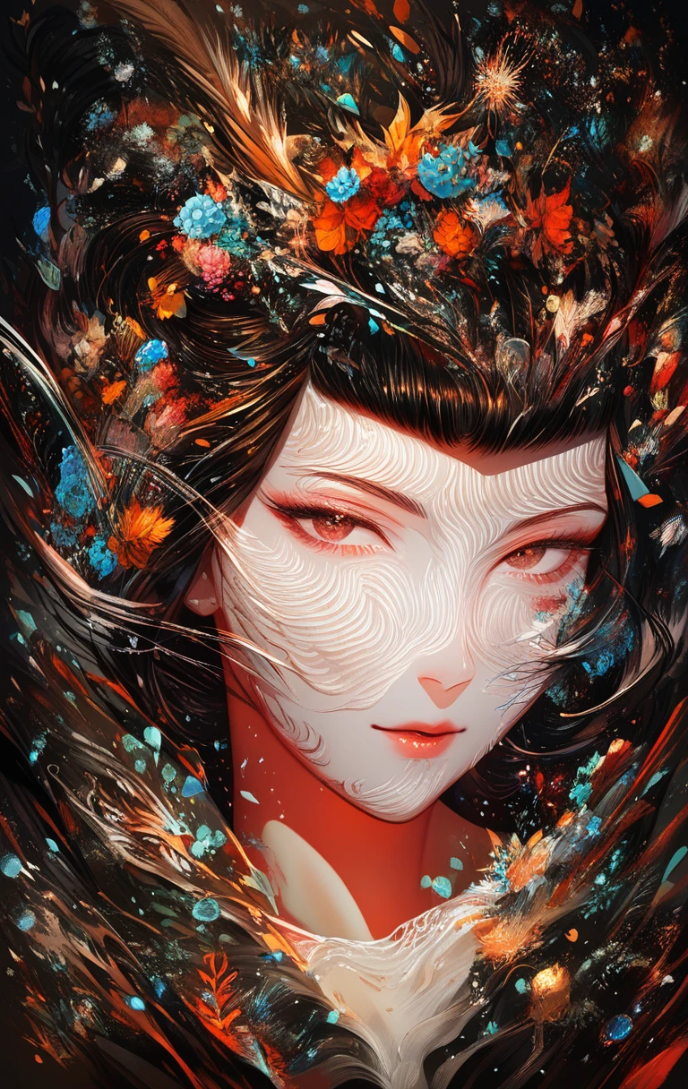 Edo era woman close up in swirling snow oil portrait