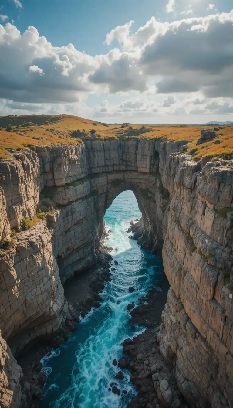Aerial view of a natural sea arch and turquoise water