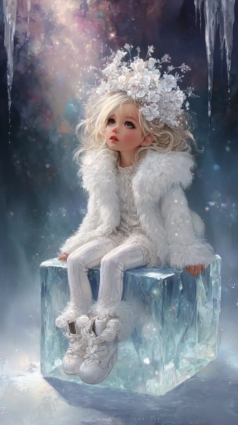 Young ice princess on a glowing crystal throne