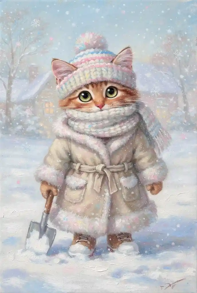 Cute kitten in winter coat with shovel in the snow