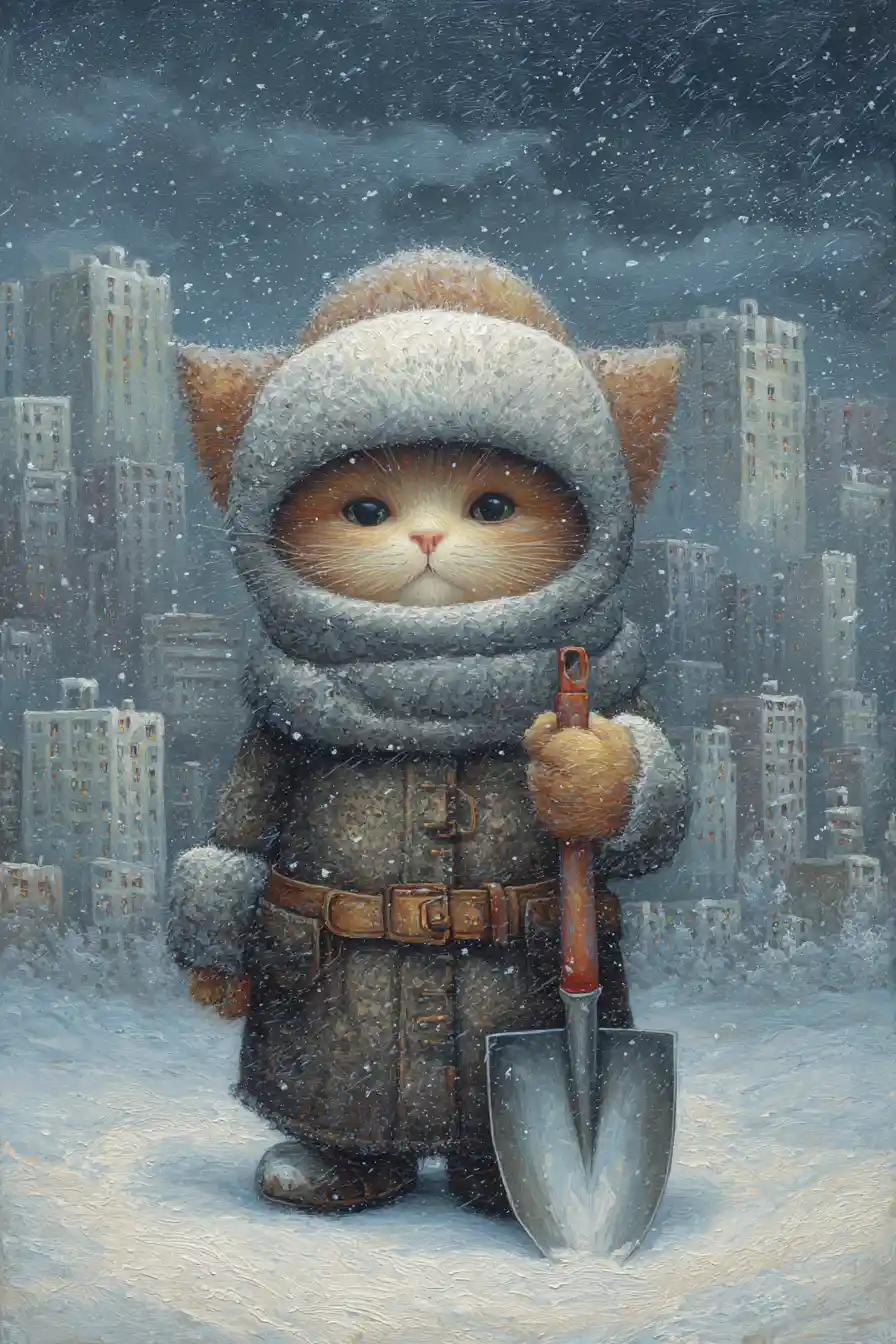 Kitten In Fur Winter Outfit With Shovel In Snowy City