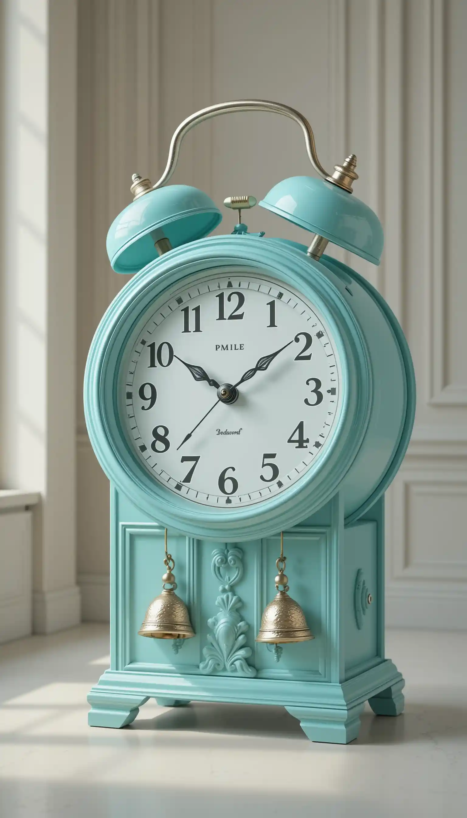 Elegante türkisfarbene Weckeruhr in einem ruhigen Innenraum