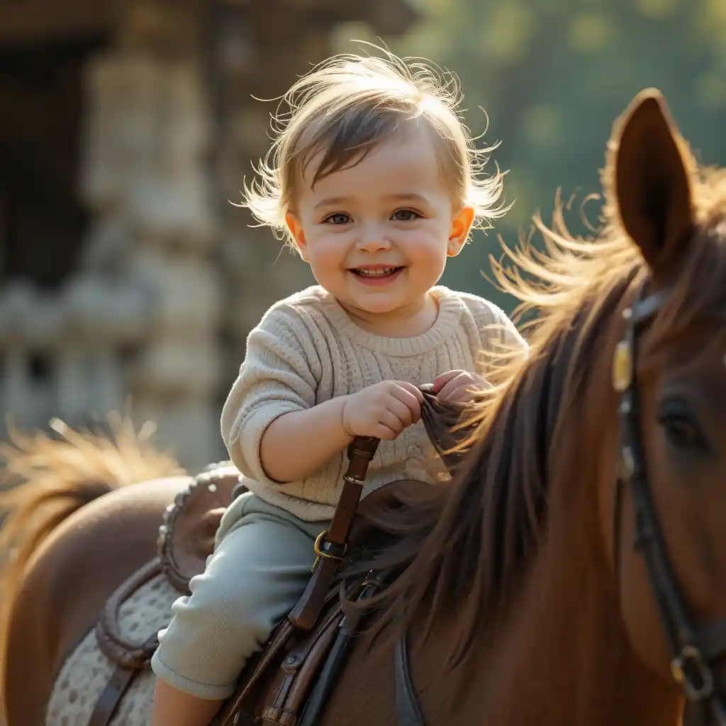 Smiling baby riding a brown horse in rural daylight