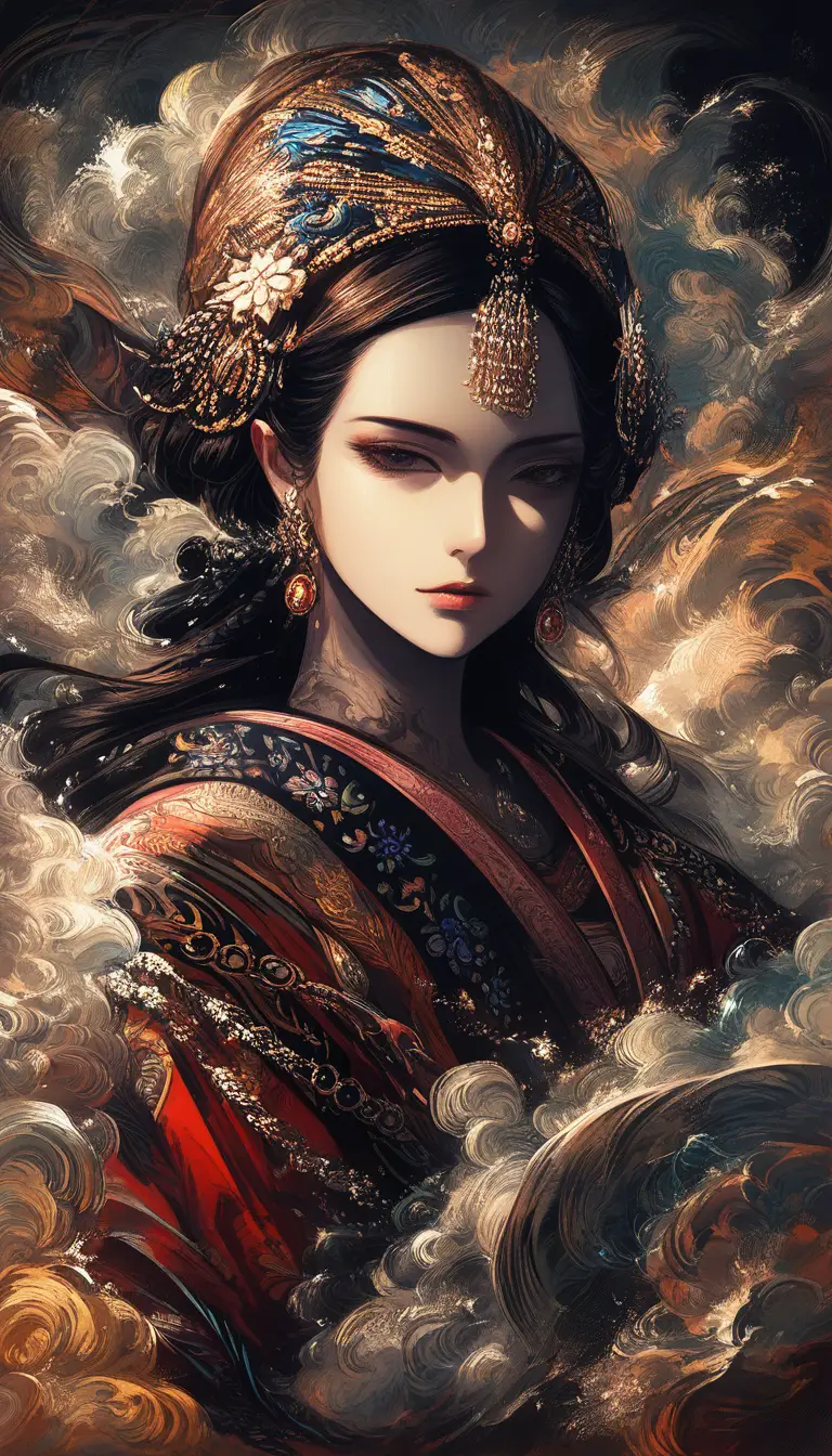 Ottoman woman close up in swirling snow oil portrait