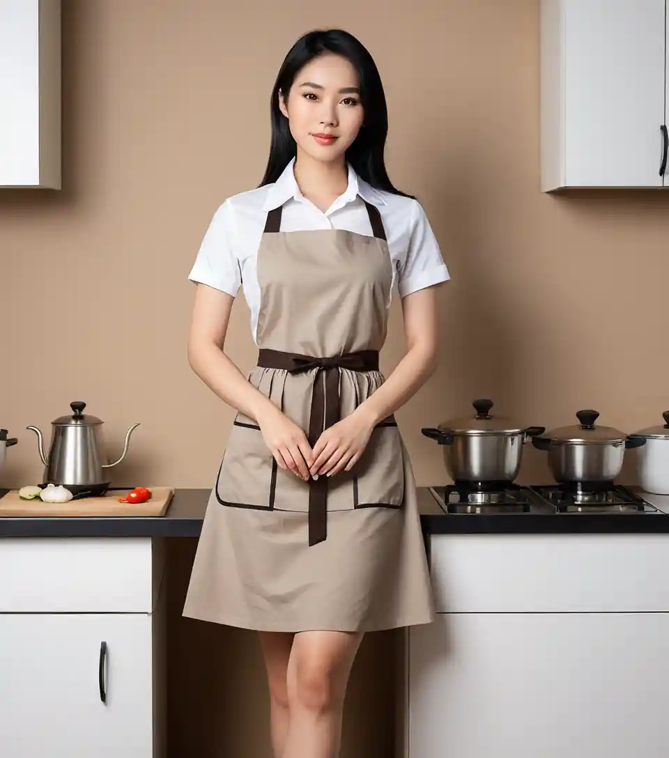 Vietnamese woman in apron in minimalist kitchen studio