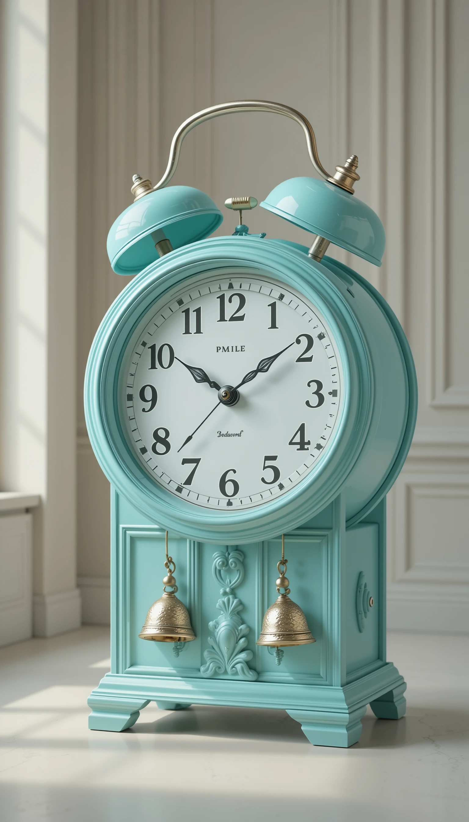 Elegante türkisfarbene Weckeruhr in einem ruhigen Innenraum
