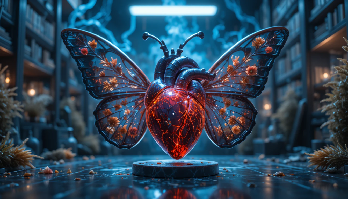 Reliquia de corazón de mármol con alas de mariposa de cristal en laboratorio