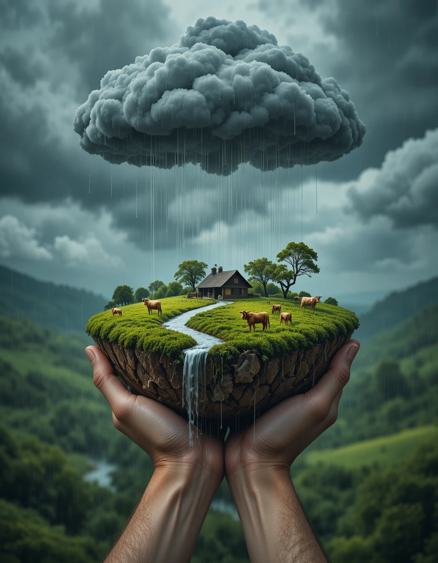 Weathered hands holding a floating miniature farmland island