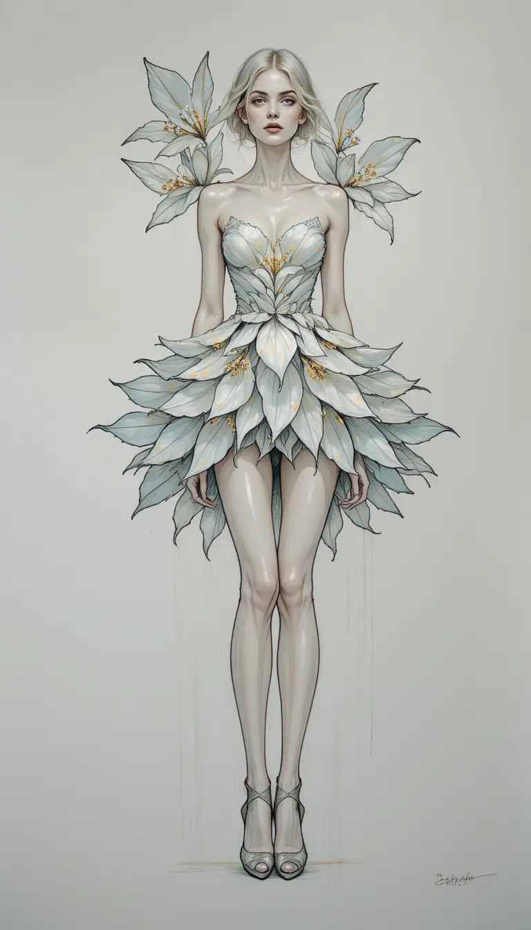 Artistic woman in lily petal dress seen from below