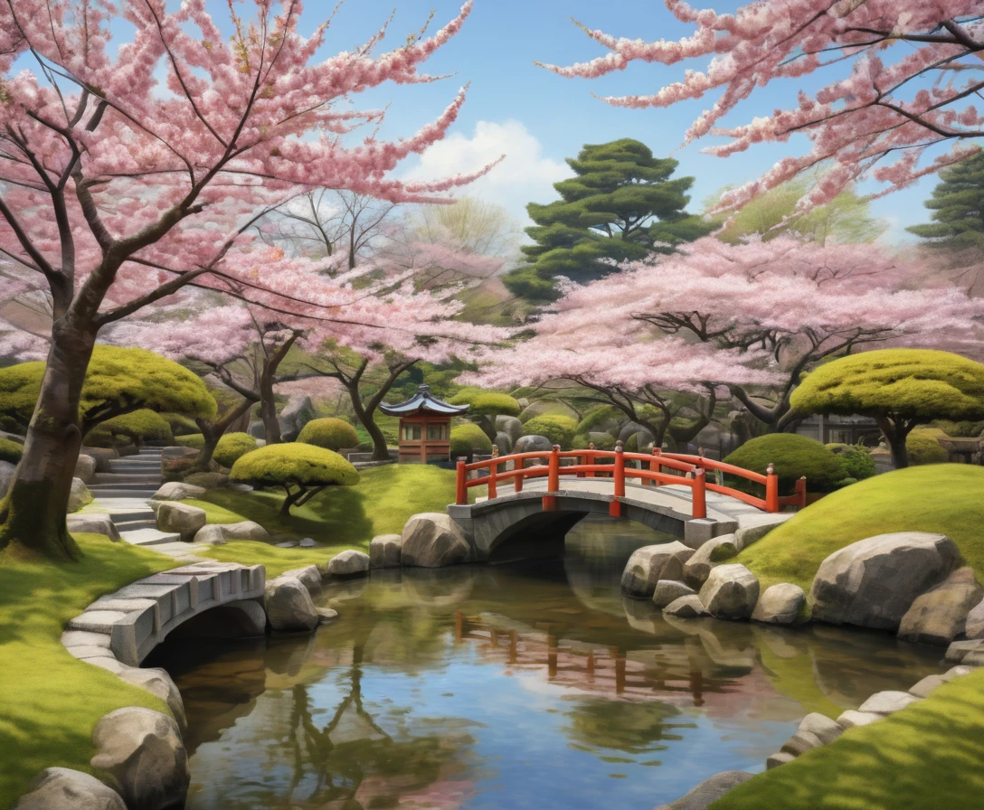 Jardim japonês tranquilo com cerejeiras em flor na primavera