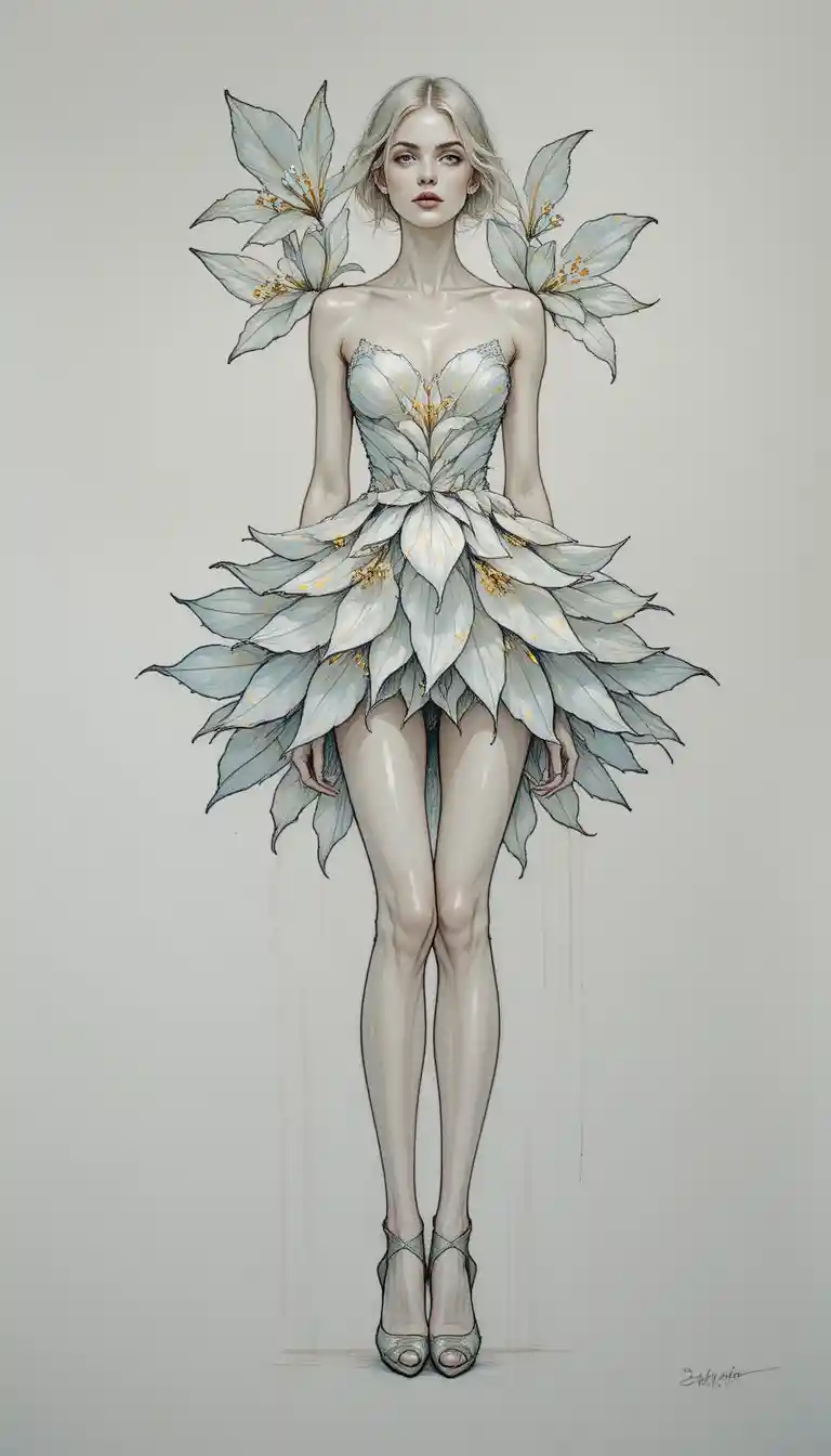 Artistic woman in lily petal dress seen from below