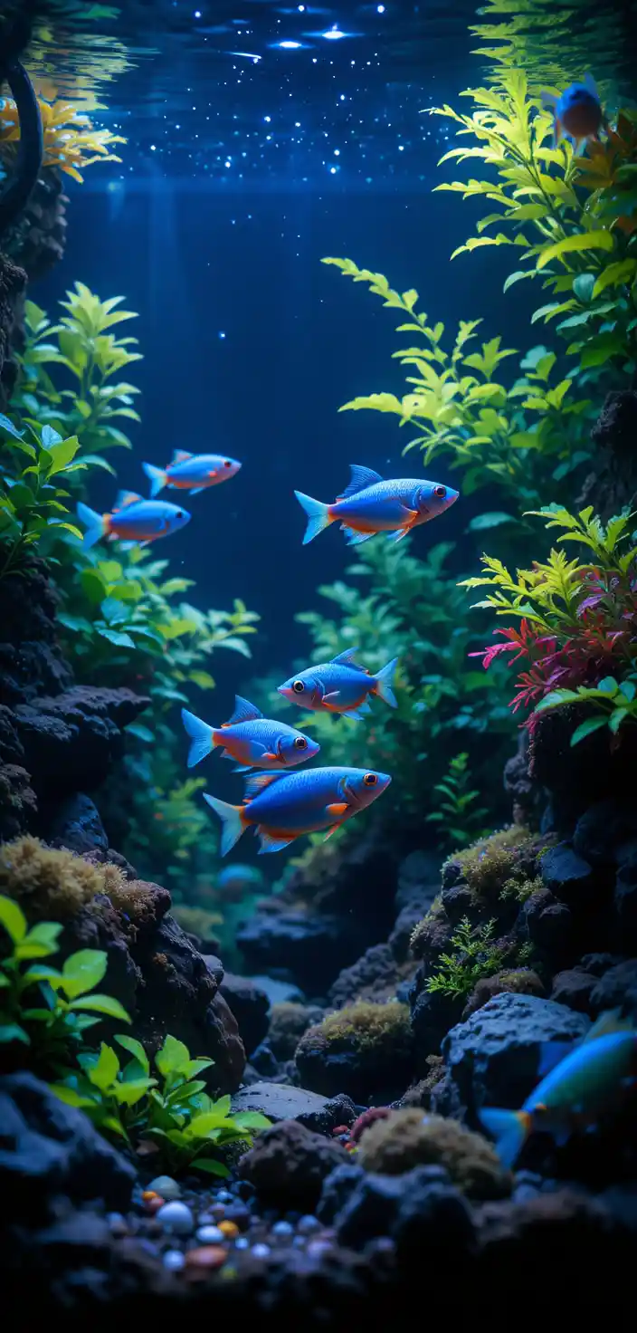 Poisson néon bleu en gros plan dans un aquarium planté luxuriant