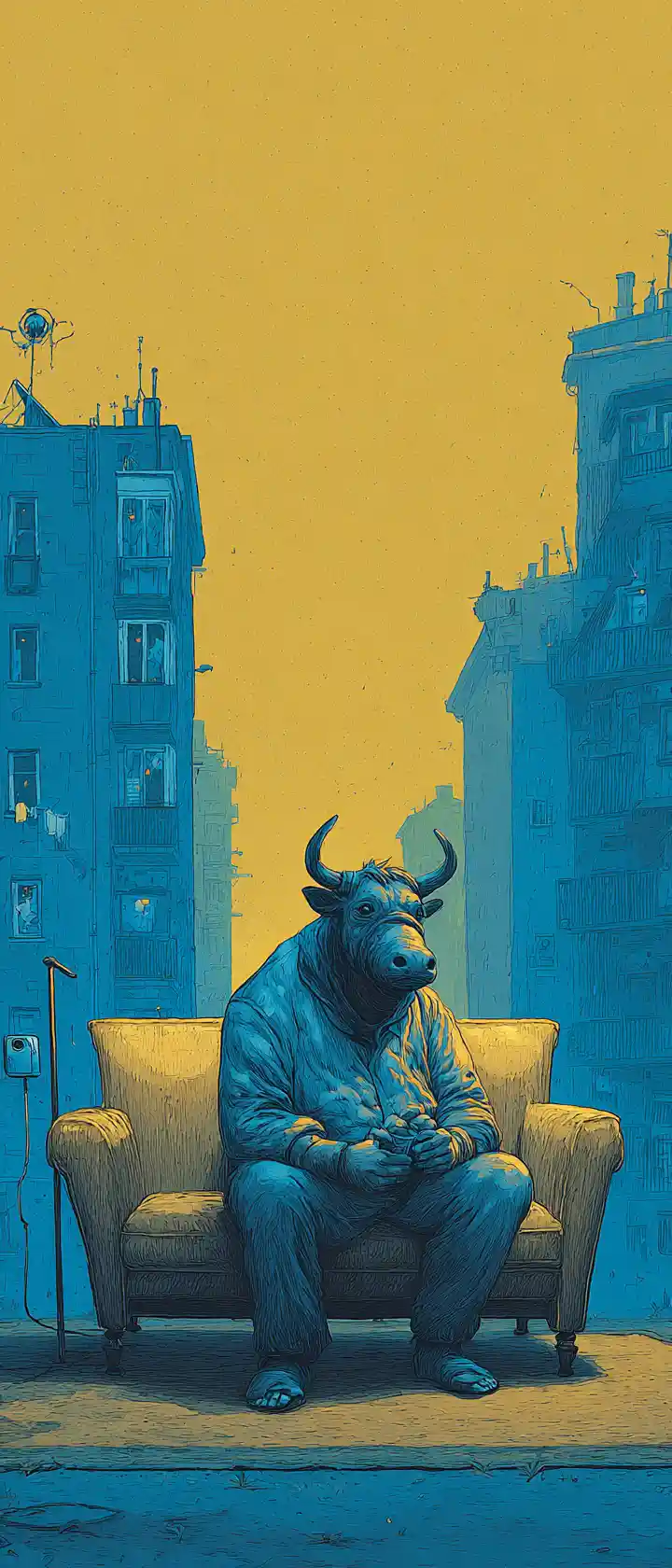 Surreal digital painting of a cow relaxing on a couch