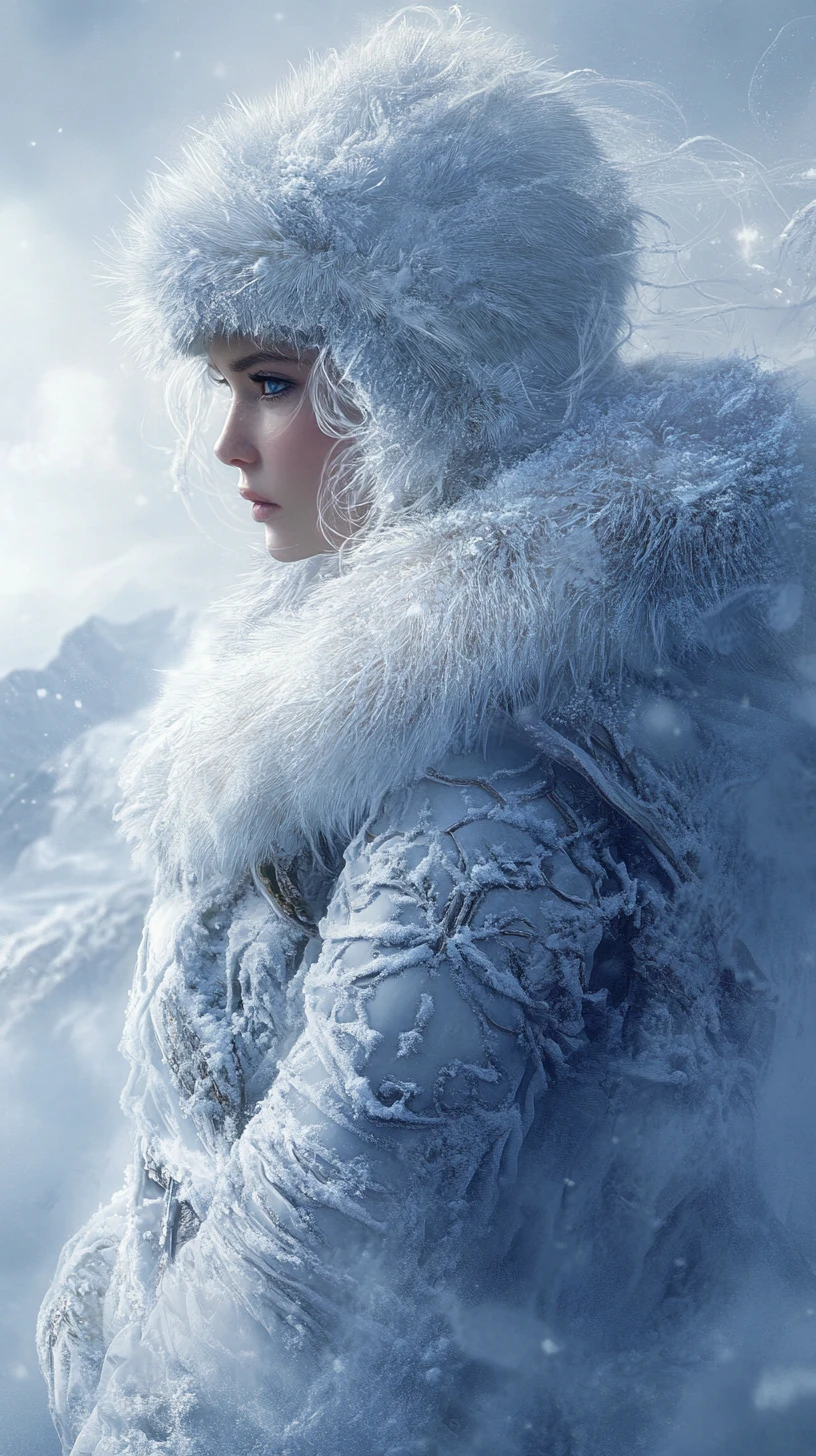 Bella mujer vestida de pieles en un reino invernal místico